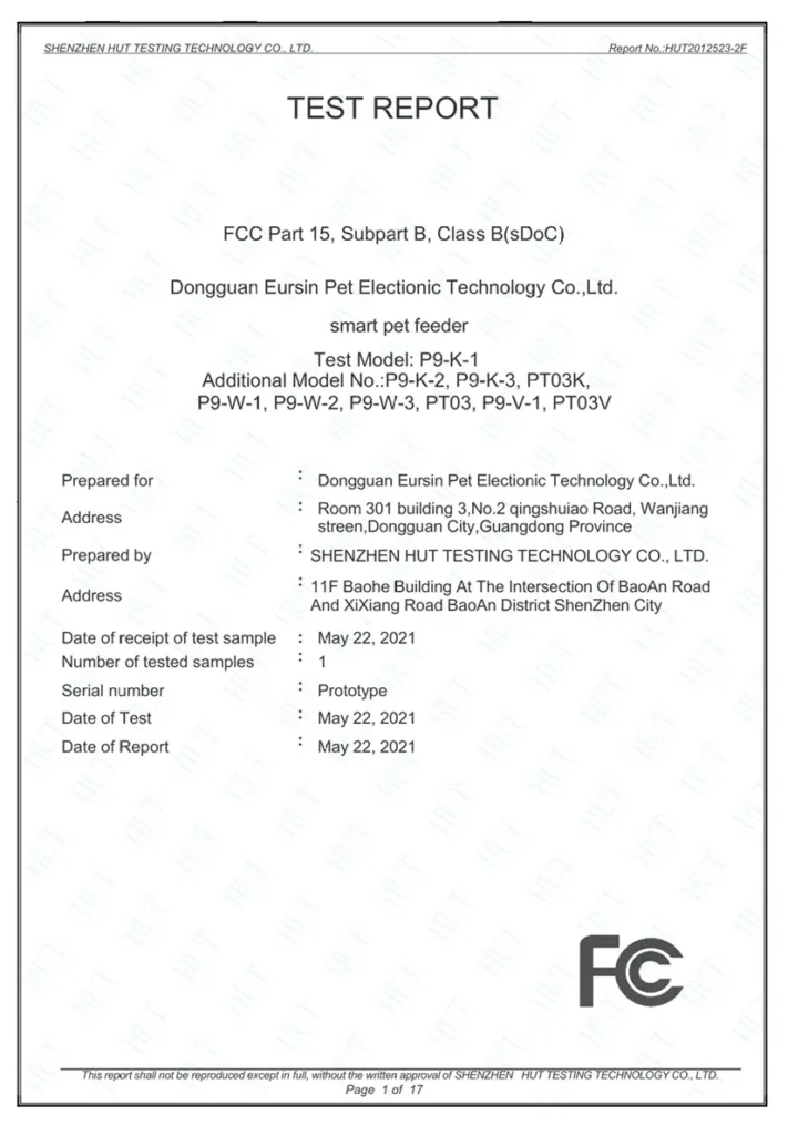 Official FCC Test Report for Smart Pet Feeder - FCC Part 15 Compliance for ddpark