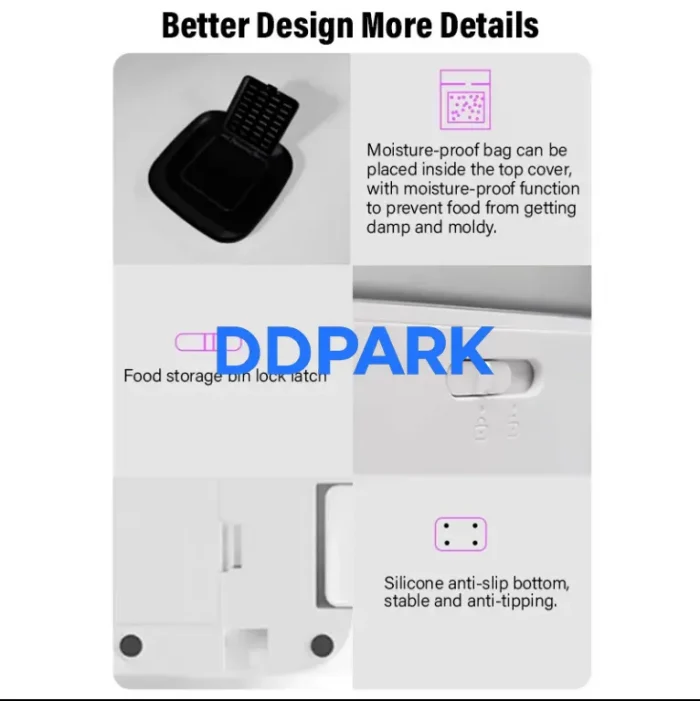 Smart Feeder Details – Moisture Proof Bag, Lock Latch, Anti-Slip Base smart pet feeder moisture proof bag inside top cover food storage lock latch silicone anti slip bottom