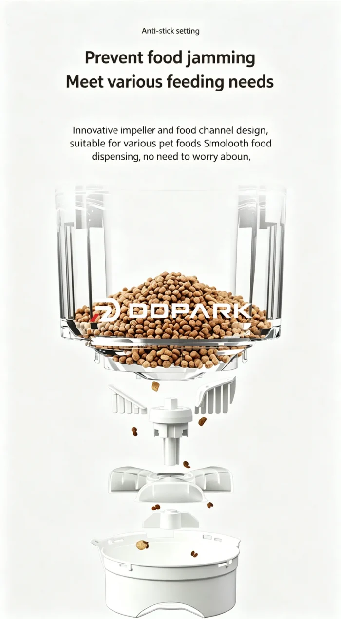 smart pet feeder anti jam impeller and food channel design prevents food jamming
