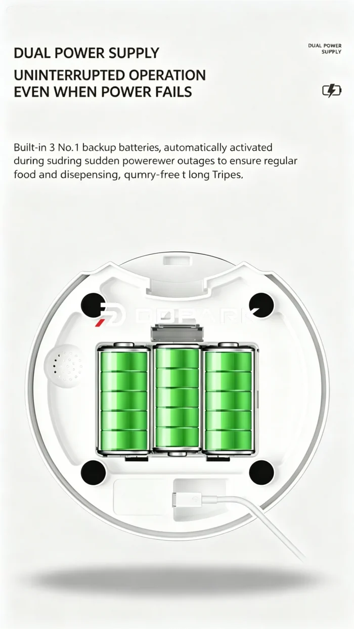 smart pet feeder dual power supply backup batteries automatic switch during power failure