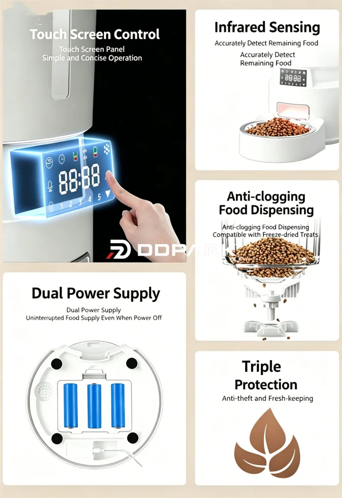 smart pet feeder features touch screen infrared sensor dual power anti clogging triple fresh lock
