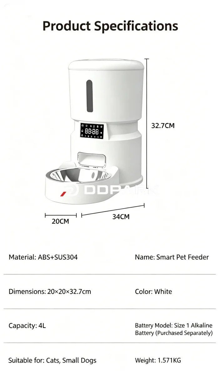 smart pet feeder product specifications 4L capacity dimensions 20x20x32.7cm weight 1.57kg ABS SUS304