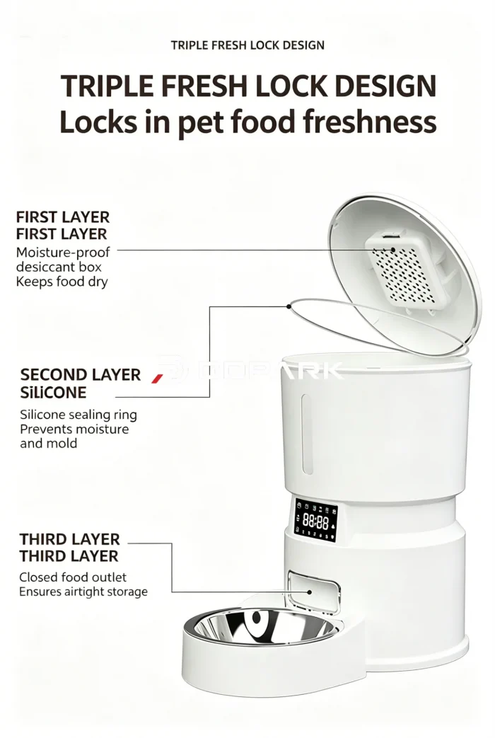 smart pet feeder triple fresh lock desiccant box silicone sealing ring closed food outlet
