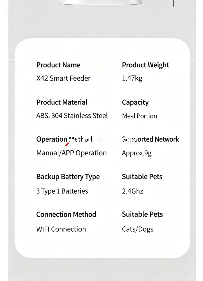 smart pet feeder product specifications 4L capacity ABS stainless steel manual app operation wifi 2.4GHz