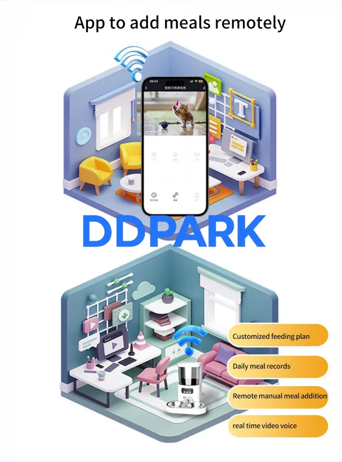 Smart pet feeder mobile App interface, remote manual feeding control, automatic cat dog feeder WiFi connection, smart home pet care app, ddpark.com