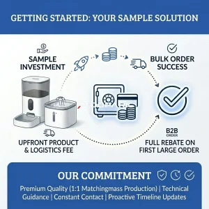 Infographic explaining the B2B sample purchase and rebate process for smart pet devices.