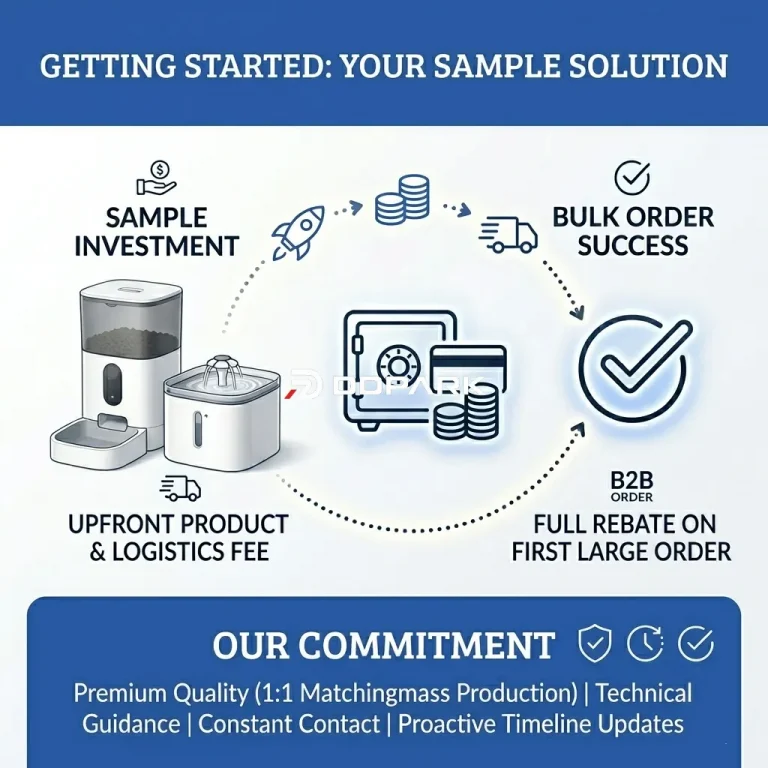 Infographic explaining the B2B sample purchase and rebate process for smart pet devices.