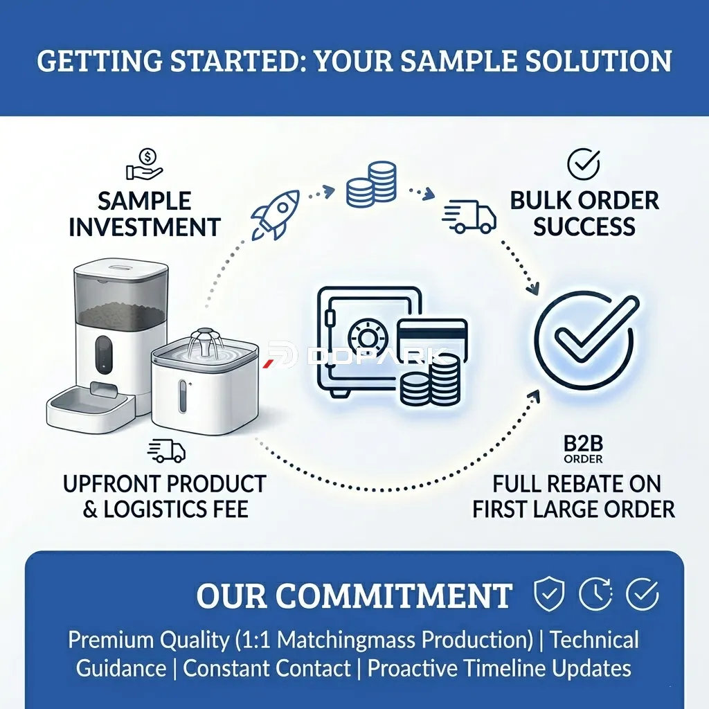 Infographic explaining the B2B sample purchase and rebate process for smart pet devices.