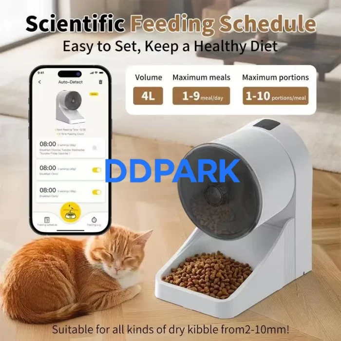 Long battery life smart pet feeder, 3 D-cell batteries power backup, USB Type-C cable automatic feeder, low power consumption cat food dispenser
