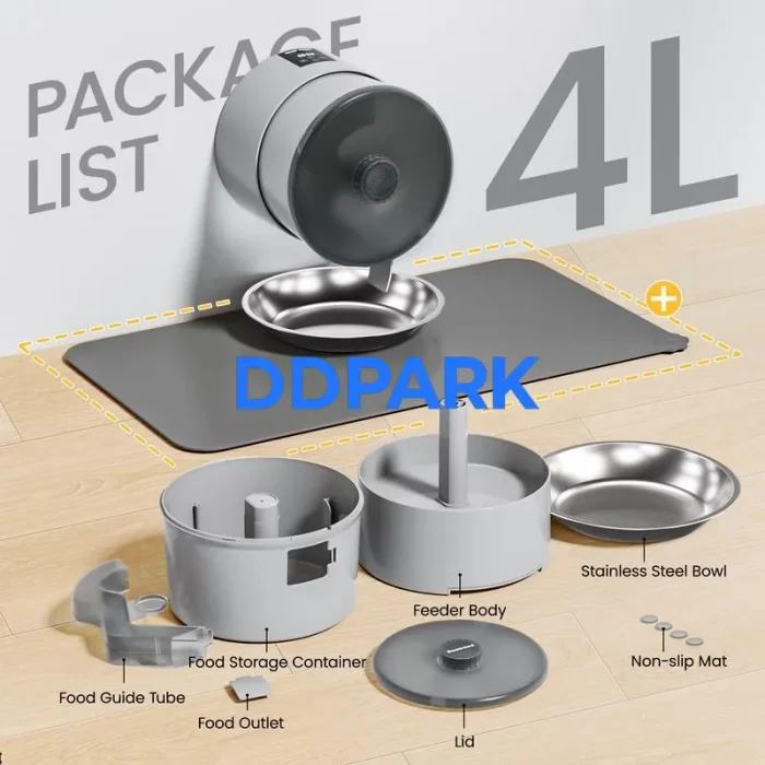 Smart pet feeder package list, automatic dog cat feeder parts and accessories, stainless steel bowl, easy to clean design