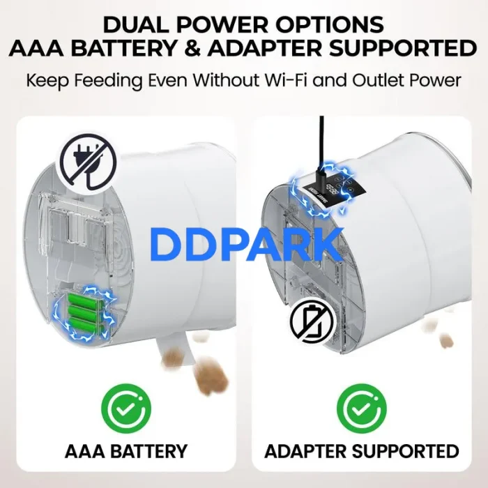 Dual power supply smart pet feeder, AAA battery and adapter supported, automatic feeder emergency power backup, B2B wholesale