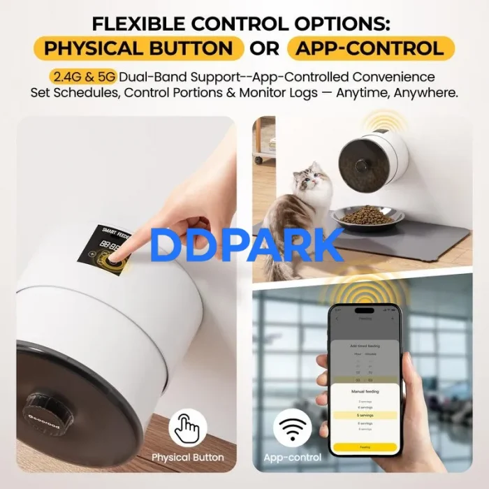 Smart pet feeder with physical button and App control, 2.4G & 5G dual-band WiFi support, automatic feeding schedule monitor logs