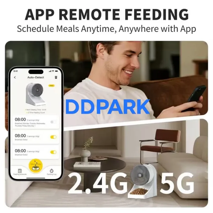 Smart pet feeder App remote feeding schedule, automatic dog cat food dispenser WiFi control, 2.4G 5G dual-band connectivity