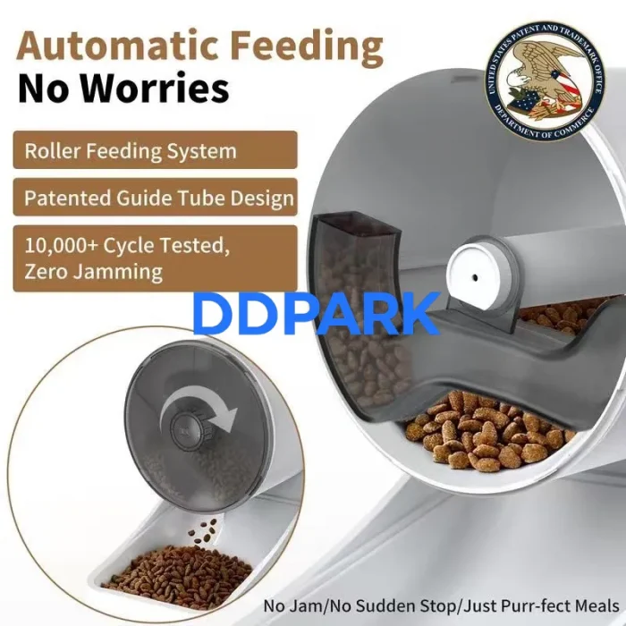 Anti-jam smart pet feeder roller feeding system, patented guide tube design for no clogging, 10000+ cycle tested automatic feeder, reliable cat food dispenser